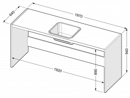 Long chipboard worktop with stainless steel sink, central