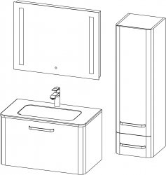 Charm / Komposition III / 80+35 cm
- Unterschrank CHARM 80 mit Waschbecken, 1 Schublade
- Spiegel 80 mit integrierter Beleuchtung, 2 Bände
- Halbhochschrank CHARM 35x120, 1 Tür, 1 Schublade