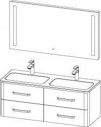 Charm / Komposition IV / 120 cm
- Unterschrank CHARM 120 mit 2 Waschbecken, 4 Schubladen
- Spiegel 120 mit integrierter Beleuchtung, 2 Bände