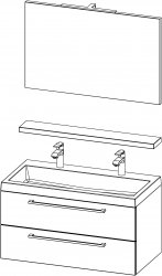 Arwen / Komposition I / 100 cm
- Unterschrank ARWEN 100 mit Waschbecken (2 Wasserhahnlöcher), 2 Schubladen
- Spiegel 100 am Hintegrund mit Schalter
- Ablage 100
- LED Lampe LINEA