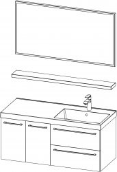 Arwen / Komposition III / 120 cm
- Unterschrank ARWEN 120 mit Waschbecken R, 2 Schubladen, 2 Türen
- Spiegel 120 mit Aluminiumrahmen
- Ablage 120