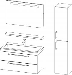 Arwen / Komposition IV / 100 + 35 cm
- Unterschrank ARWEN 100 mit Waschbecken, 2 Schubladen
- Spiegel 100 mit integrierter Beleuchtung und Steckdose
- Ablage 100
- Hochschrank ARWEN 35x180